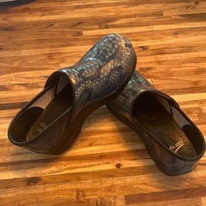Dansko blue snakeskin clogs